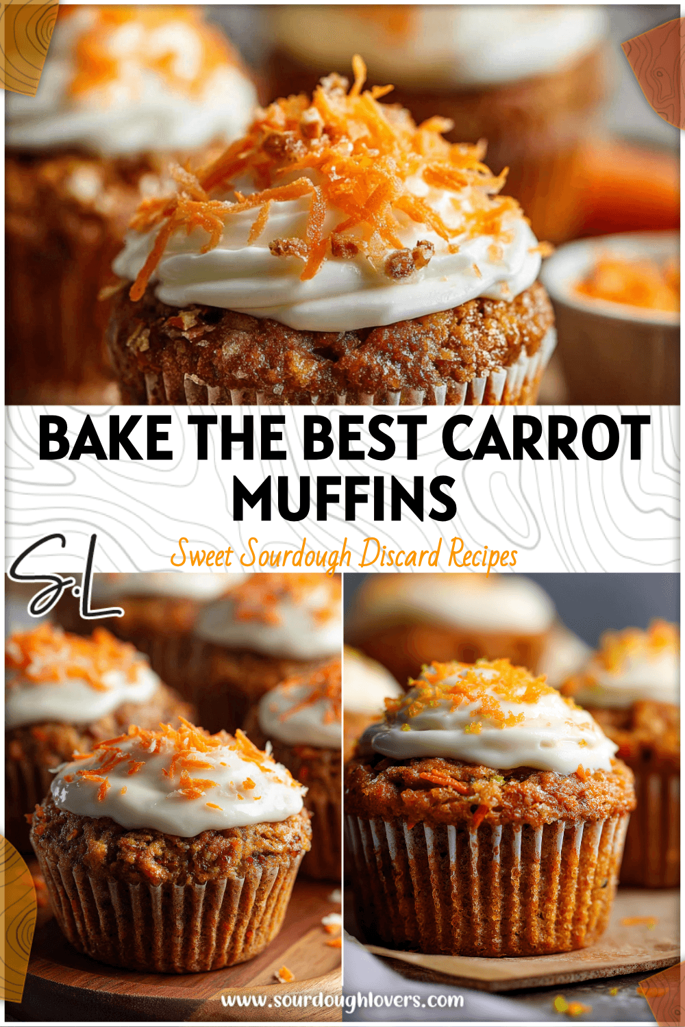 Moist sourdough carrot cake muffins topped with cream cheese frosting and grated carrots.
